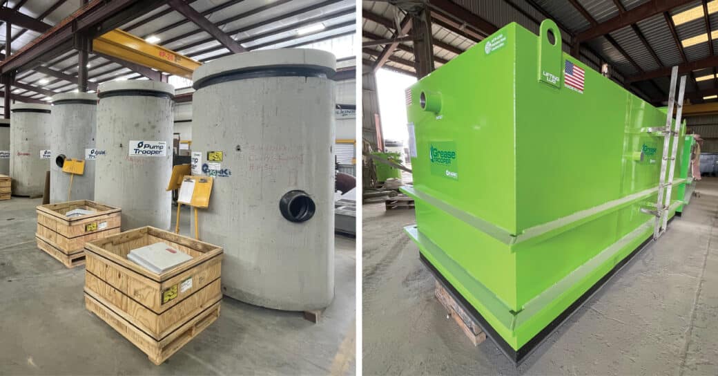 ParkUSA products at the plant, left to right: precast Pump Trooper (effluent pump station); steel-encased Grease Trooper (wastewater gravity interceptor)