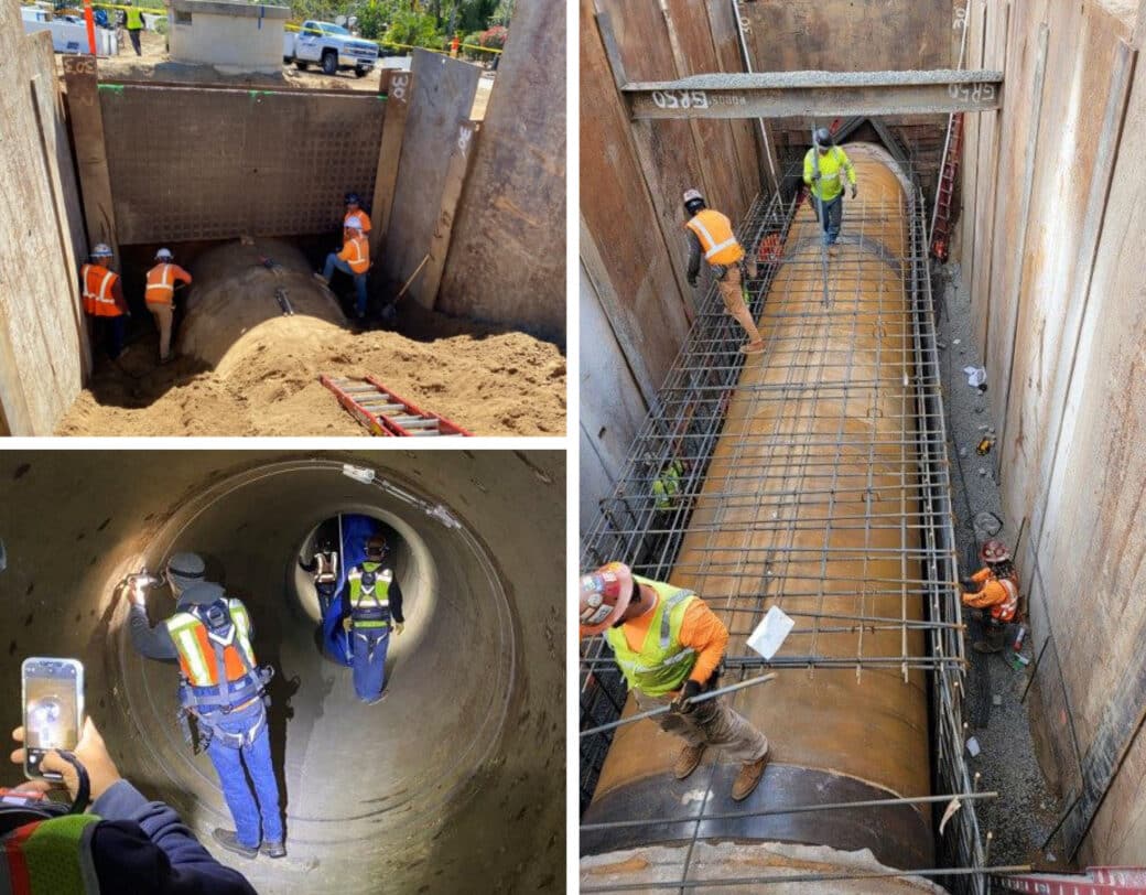 Clockwise from top right: excavation of PCCP pipeline; installation of new steel pipe included rebar for concrete encasement; crews doing a final walkthrough of the replacement pipe.