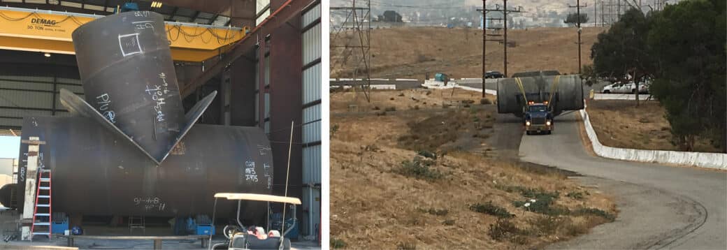 Left: fabrication of a 144” crotch-plated tee at our Adelanto facility; Right: our truck driver takes a novel route to the jobsite to avoid overpasses and bridges.