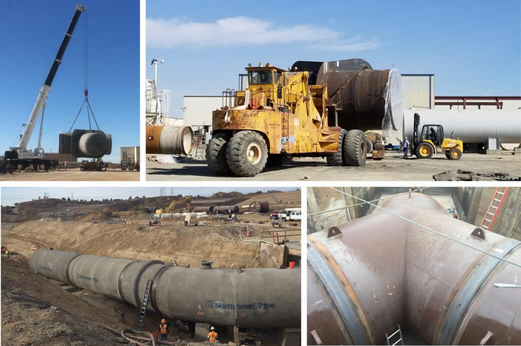 Top Row: moving 144-inch fabricated fittings between production processes at our Adelanto plant. Bottom Row: pipe and fittings being installed at the job site.