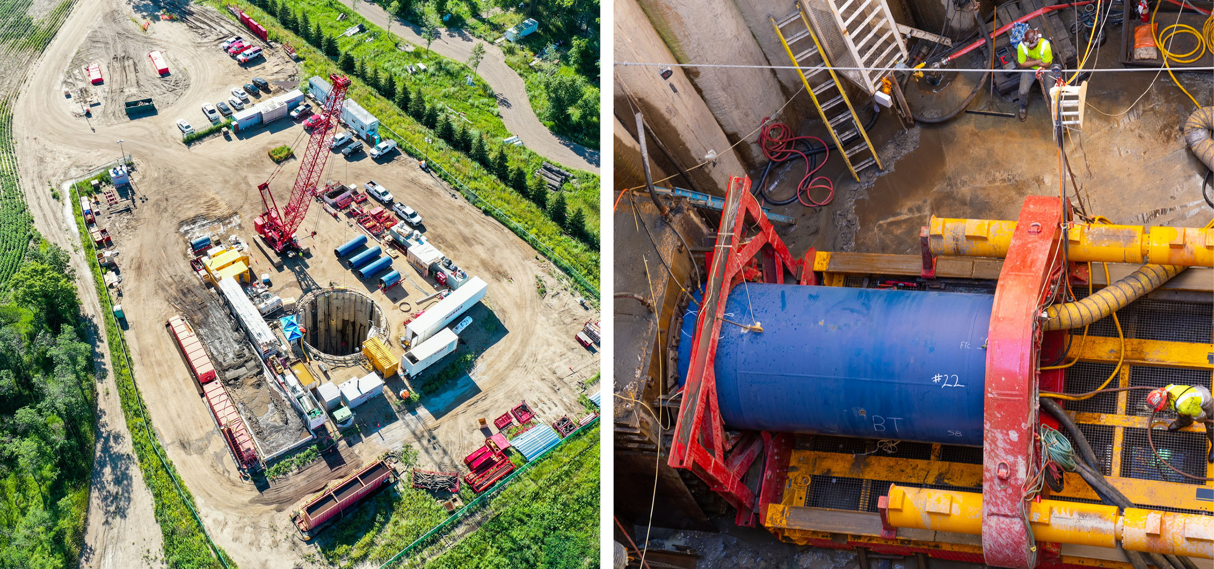 Left: Microtunneling launch shaft; Right: 72-inch Permalok® pipe is hydraulically jacked into the microtunnel.