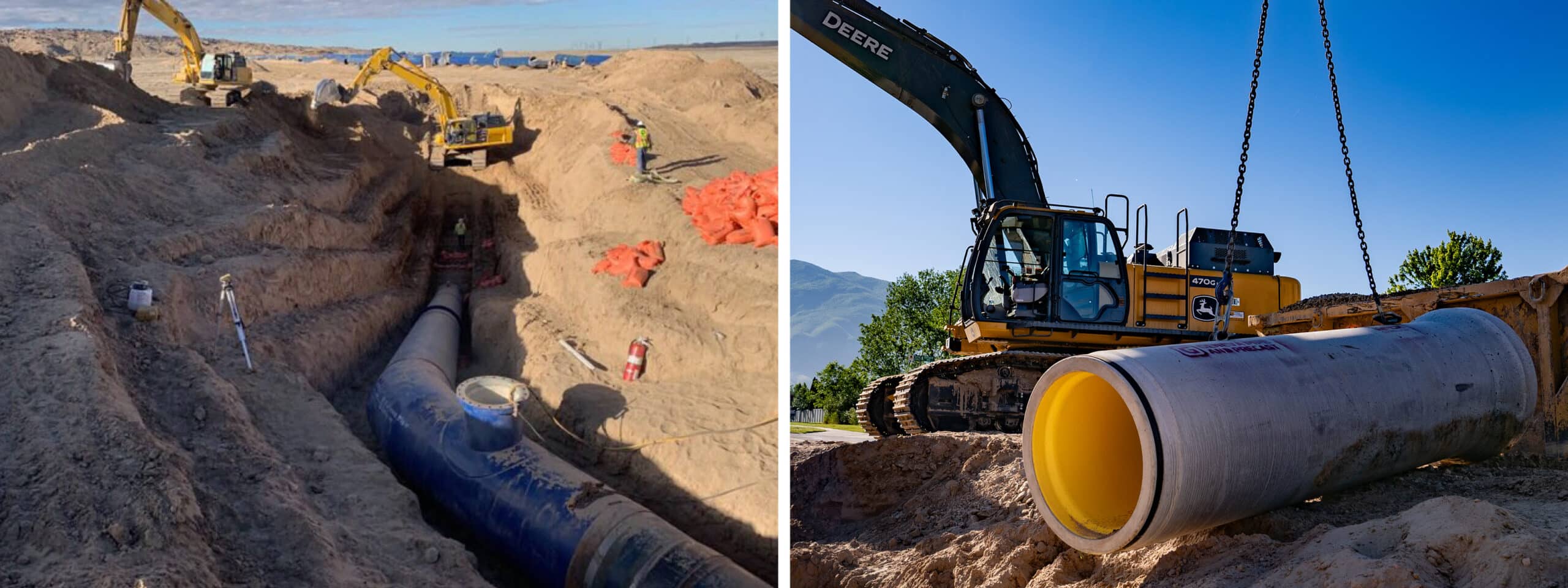 Steel pipe being installed in trench; concrete pipe with yellow liner being installed in trench
