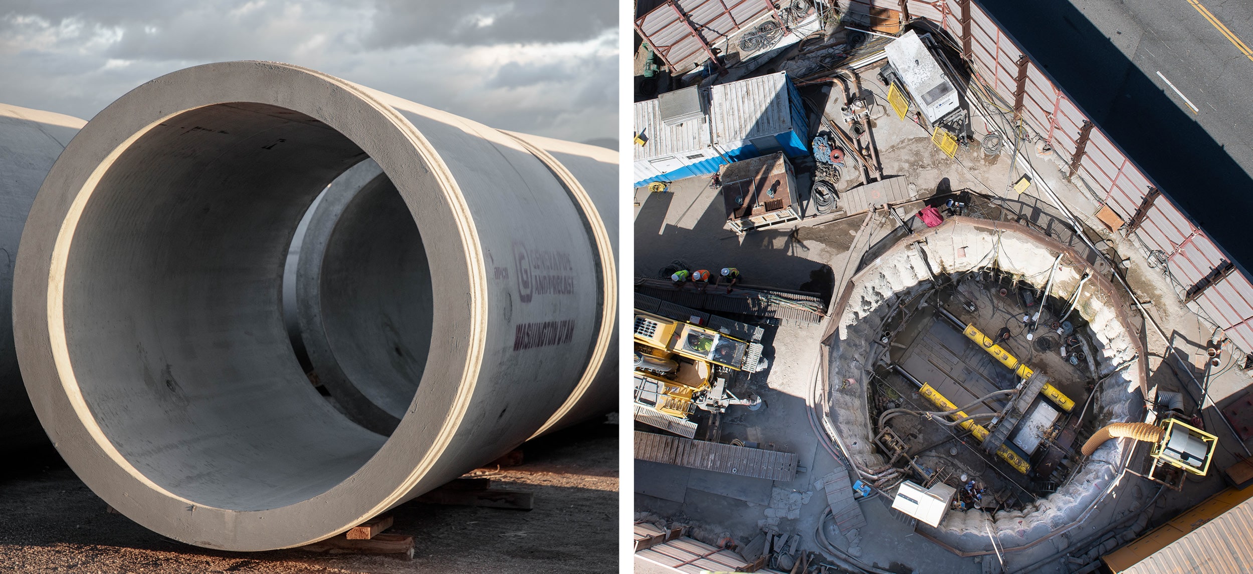 concrete jacking pipe awaiting install and being installed in microtunneling shaft