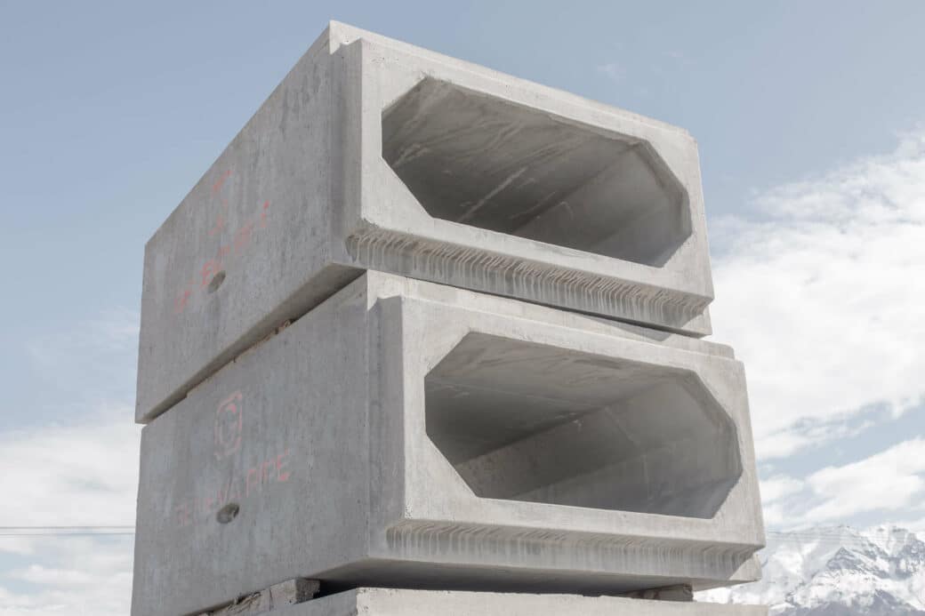 products rcp and precast box culverts stacked with sky background