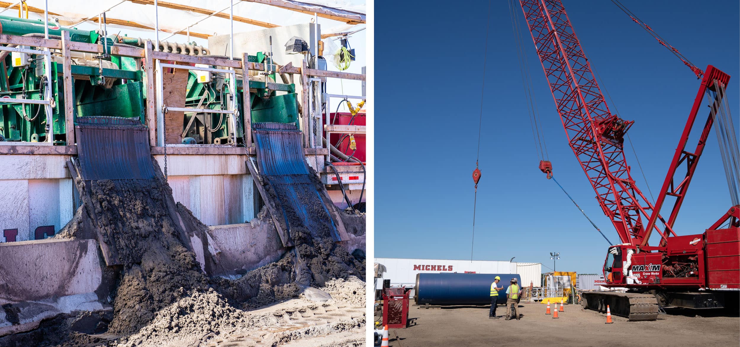 Left: Excavated spoils collected by the spoil slurry system; Right: Michels crews on the trenchless construction site.
