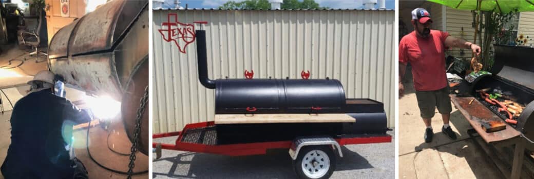 Left to Right: Mario in his home welding shop; one of his completed personal projects, a welded smoker; Mario making use of his hand-crafted BBQ grill