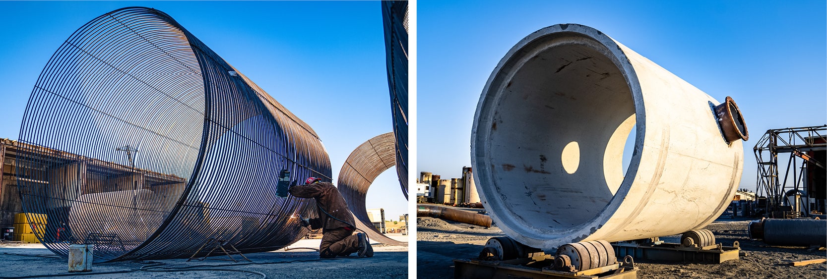 welding steel cages for large diameter concrete pipe; finished concrete pipe