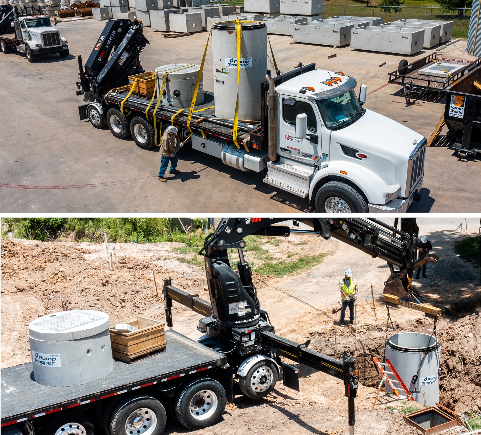 Man in hardhat loading concrete cylinder product onto truck bed; using the crane on the truck to drop it into the ground