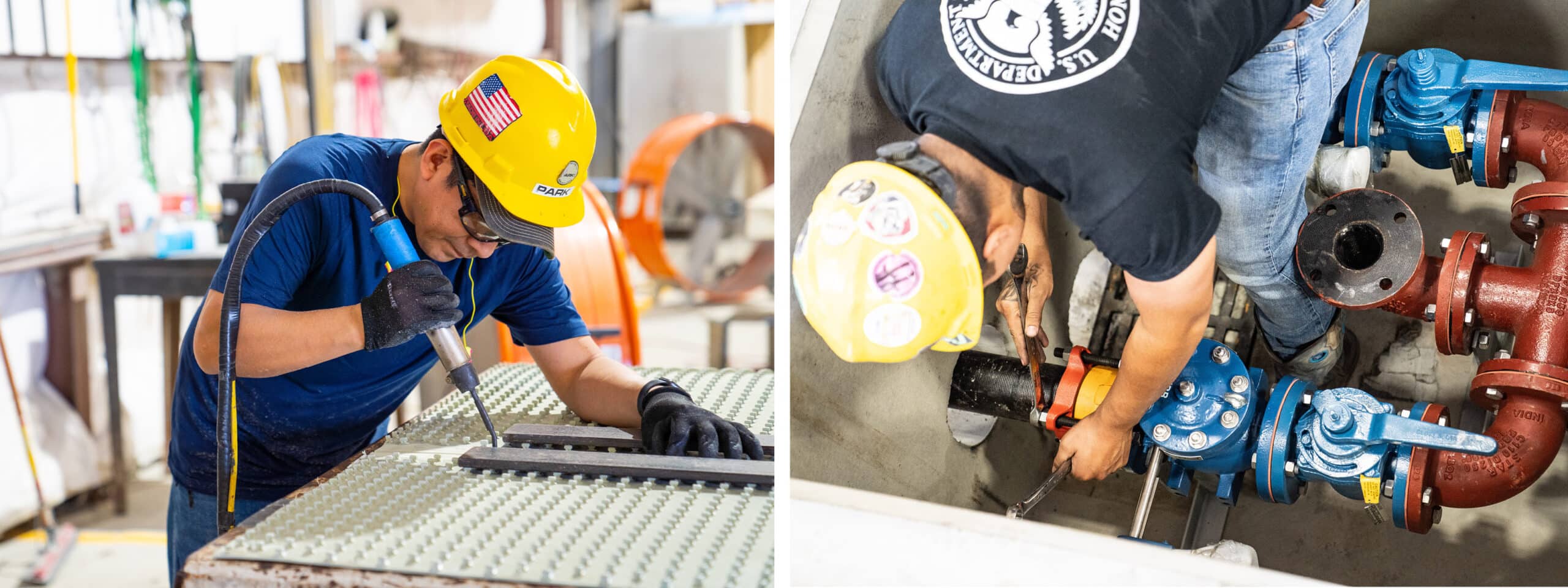 ParkUSA Houston Plant - Employees in hardhats welding plastic, assembling pipe valves with tools